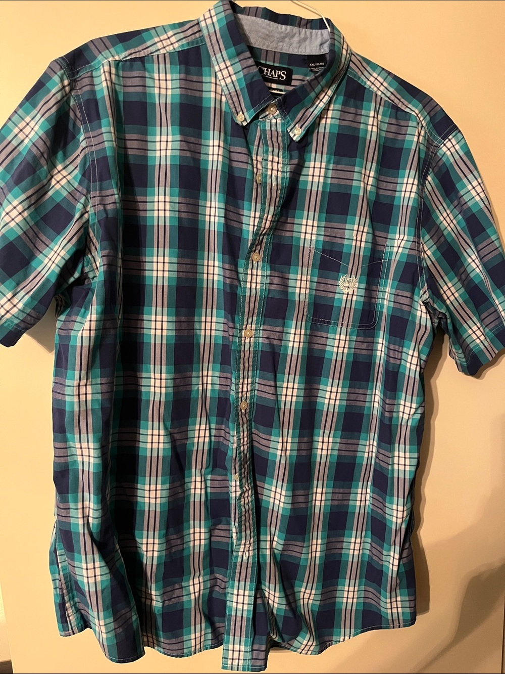 Chaps Men’s XXL Teal, Navy & White Plaid 100% cottonShort-Sleeve Button-Down
